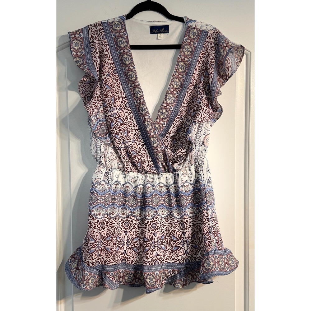 Blue Rain Romper Women Medium Blue Floral Excellent Flutter Sleeve